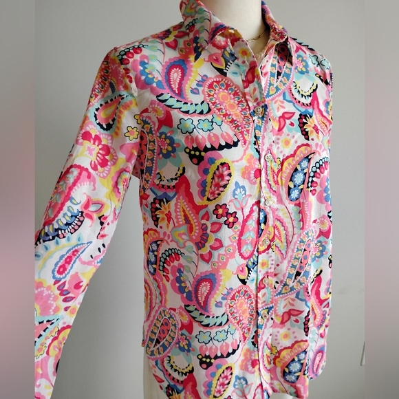 Talbots Cotton Button Up Shirt Colorful Classic Floral Paisley Size M Petite - Picture 5 of 15